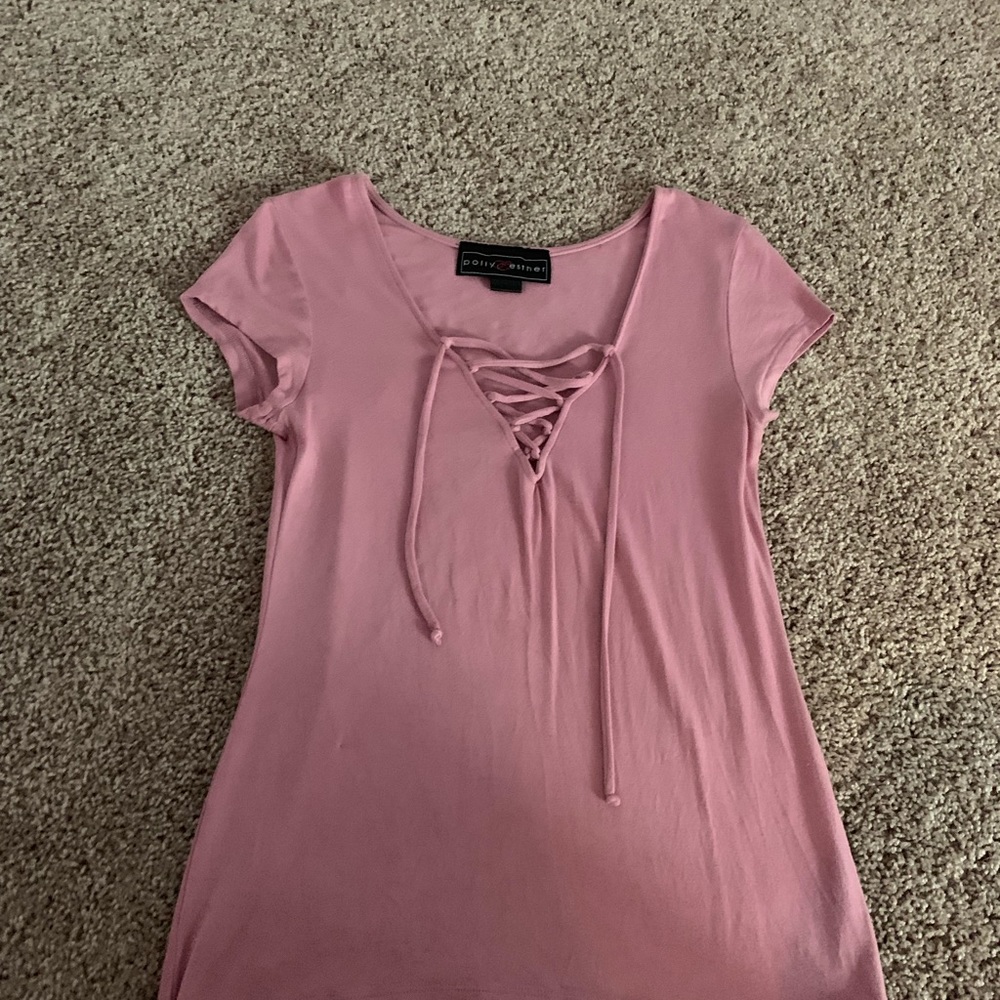 Pink tie up neck line tee